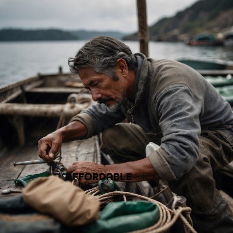 Man fixing a boat with a green bag