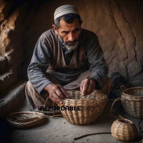 A man wearing a hat is sitting on the ground and making baskets