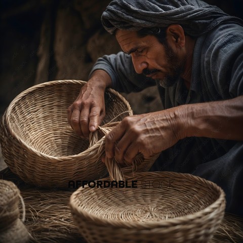 A man wearing a gray shirt is weaving a basket