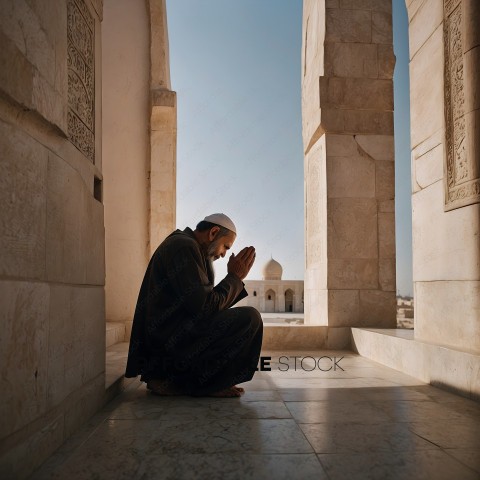 A man in a brown robe prays in a large, open room with pillars