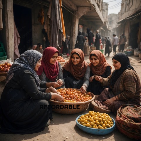 Four women sitting on the ground with bowls of fruit