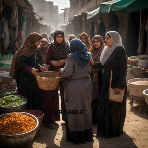 A group of women in traditional clothing shopping for fruit