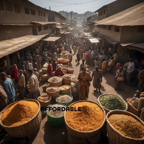 Marketplace with many people and baskets of food