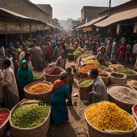 A marketplace with many people and baskets of produce