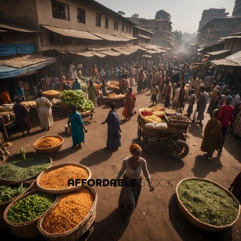 A busy marketplace with people shopping for food