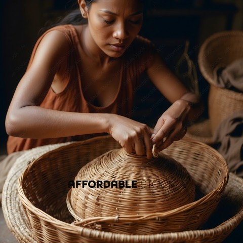 A woman weaving a basket
