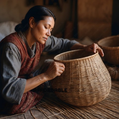 A woman weaving a basket