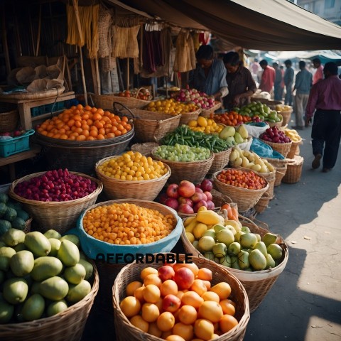 Fruit Market with Many Baskets of Fruit