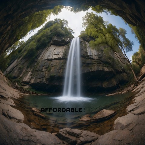 A waterfall in a cave with a clear pool of water