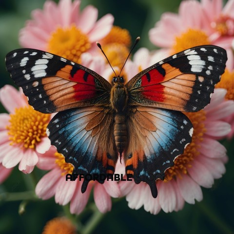 A colorful butterfly with a red and black wing pattern