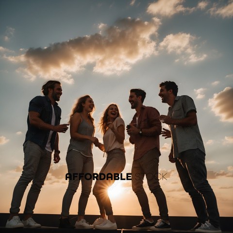 Four friends laughing and smiling at sunset