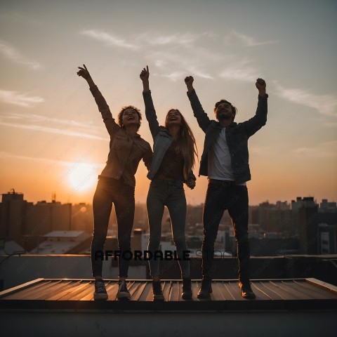 Three people celebrating at sunset