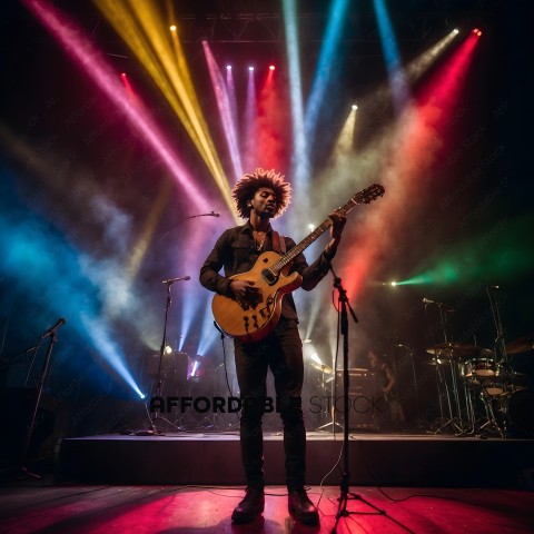 A man playing guitar on stage with colored lights