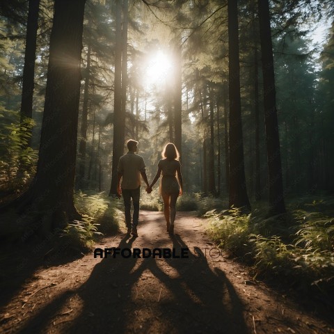 A couple walks through a forest at sunset