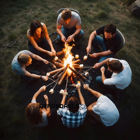 A group of people sitting around a fire pit, roasting marshmallows