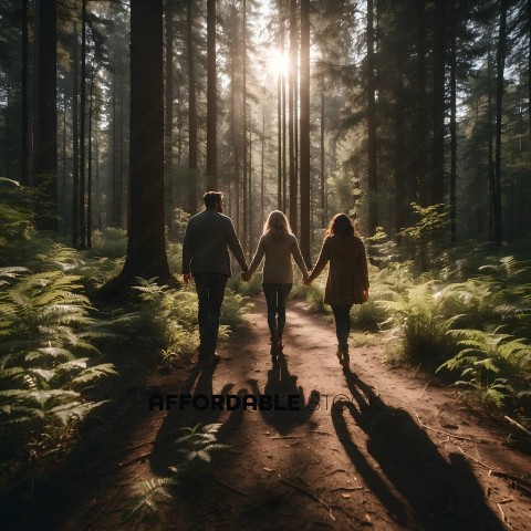 Three people walking in a forest with their hands linked together