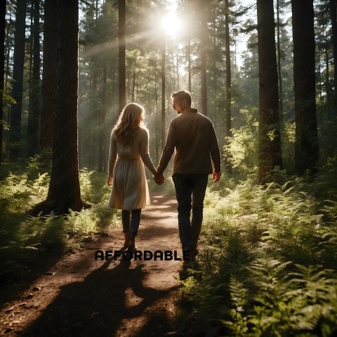 A couple walks hand in hand through a forest