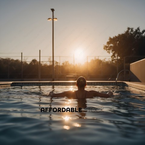 Woman Swimming in Pool at Sunset