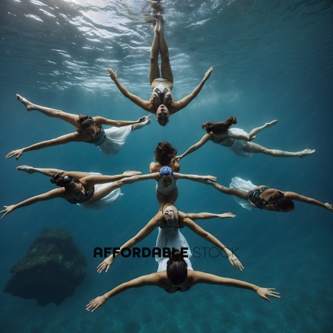 A group of women in white dresses are underwater