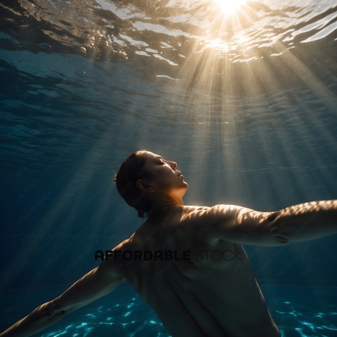 A man underwater with sunlight shining through