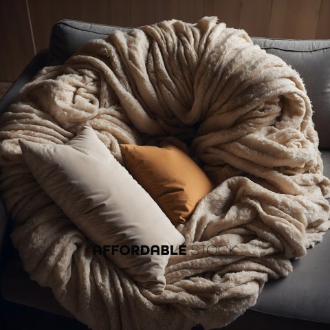 A round, knitted, white, woolly, pillow on a grey couch