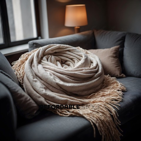 A large, folded blanket on a couch