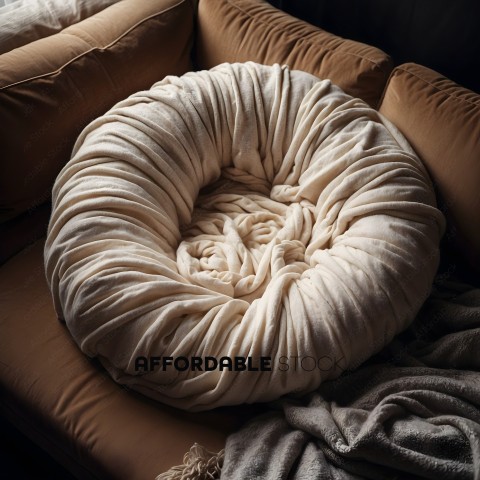 A round, white, knitted pillow on a couch