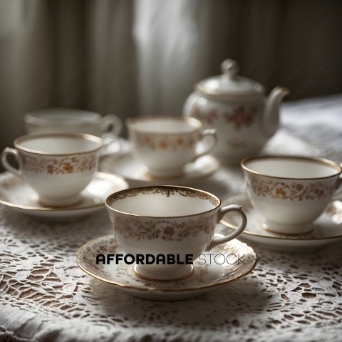 White tea cups with gold trim on a lace doily