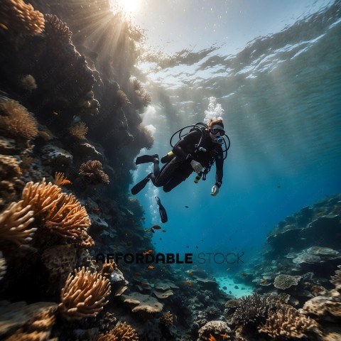 Diver in a coral reef with a sunbeam shining through