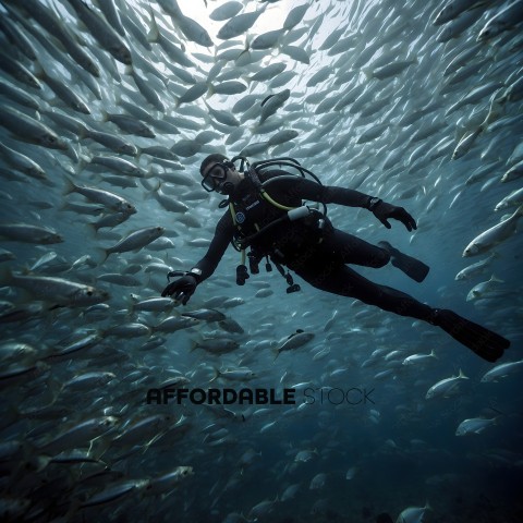 Diver swimming under a school of fish