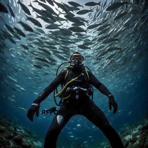 Diver in a black wetsuit with a yellow hose