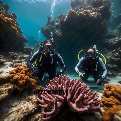 Two Divers Underwater with Coral