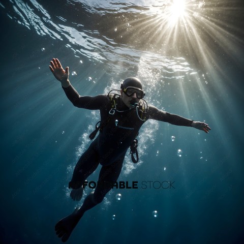 Man in a black wet suit swimming underwater