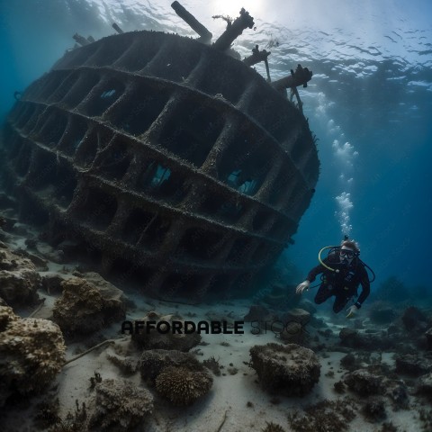 A man in a black wetsuit is underwater next to a large structure