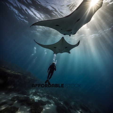 Diver underwater with two manta rays