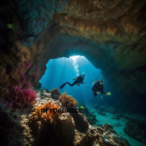 Two Divers Exploring a Cave