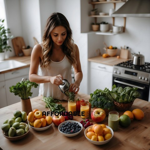 A woman preparing a fruit salad with a variety of fruits