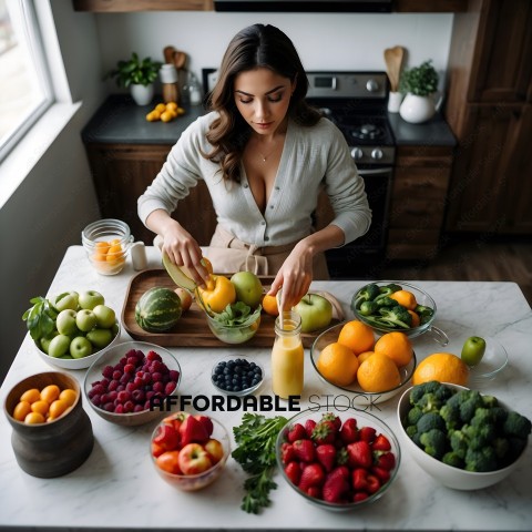 A woman preparing a fruit salad with a variety of fruits