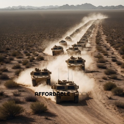 A group of military vehicles driving down a dirt road
