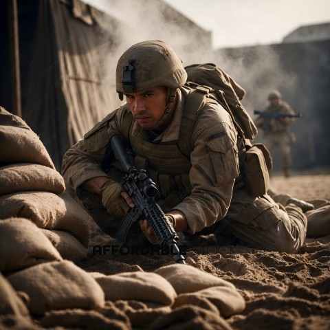 Soldier in Camouflage Pants and Helmet Crouching in Sand