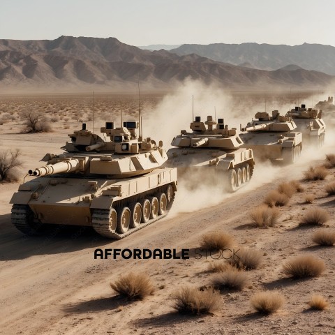 A group of military vehicles driving through a desert