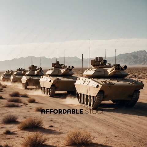 A group of military vehicles driving through a desert