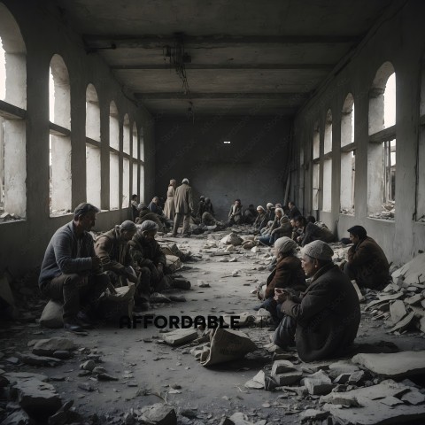 A group of people sitting in a room with rubble on the floor