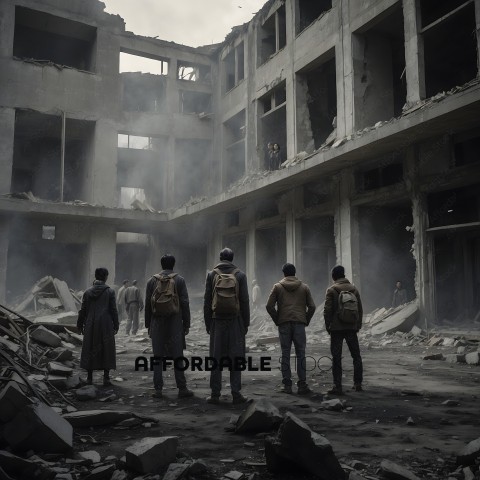 People standing in front of a building that has been destroyed