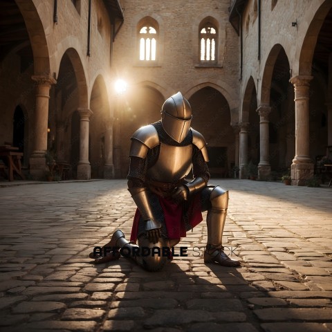 Knight in armor sitting on ground in front of building