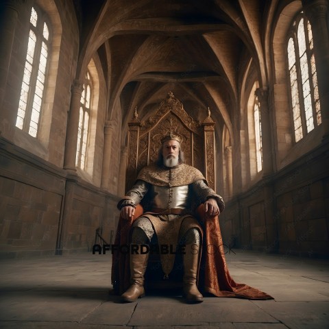 A man in a suit of armor sits in a grand hall