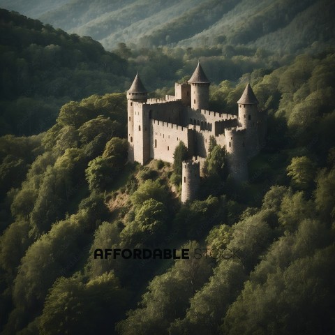 A castle in the mountains with trees