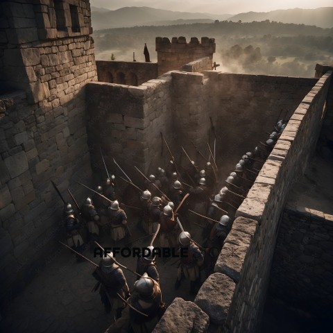 Soldiers in armor stand in front of a castle