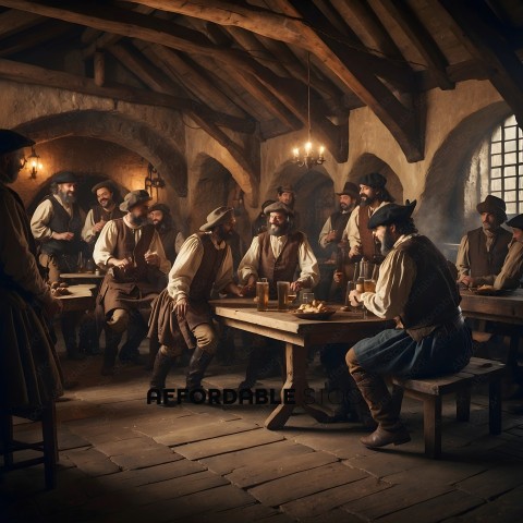 Men in period clothing drinking and eating at a table