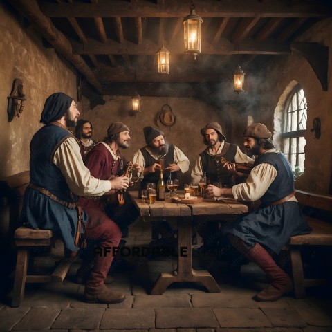 Six men in period costumes drinking and eating